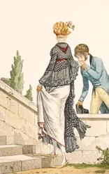 Spazierkleid einer eleganten Dame mit kariertem Umhang, Illustration aus 